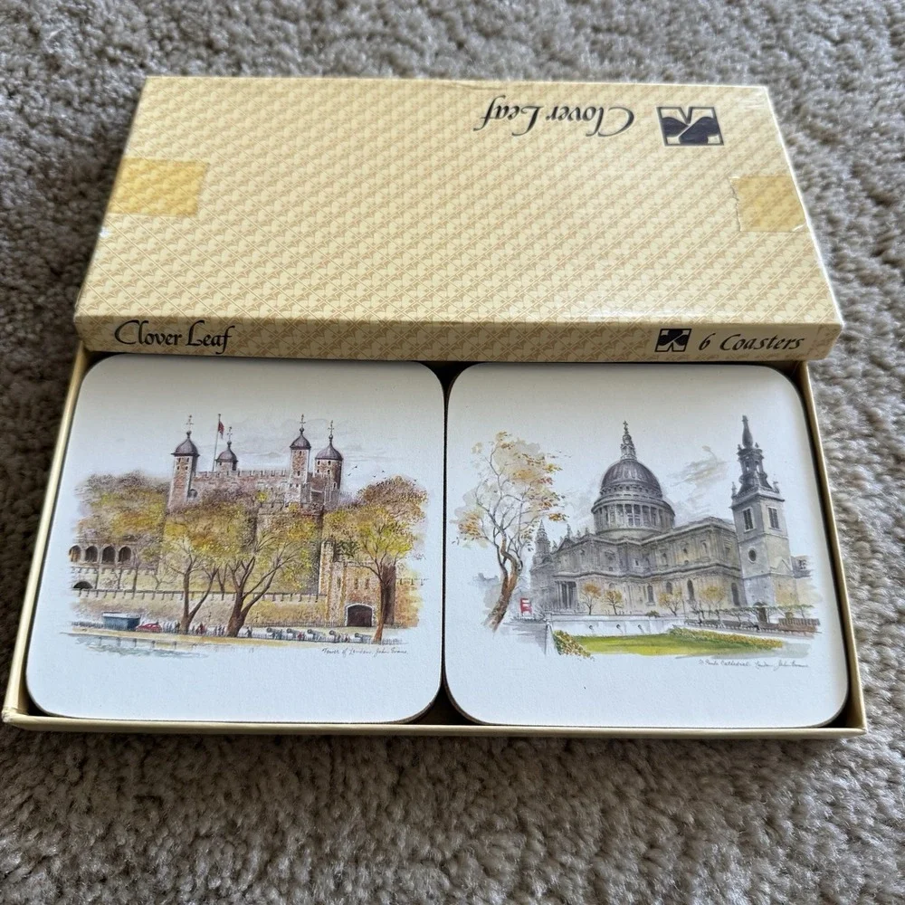 Vintage Clover Leaf London Landmarks Cork Coasters Set of 6 Boxed Made in UK